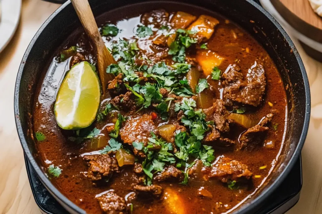 What is birria meat made of? A savory stew of goat or beef and spices.