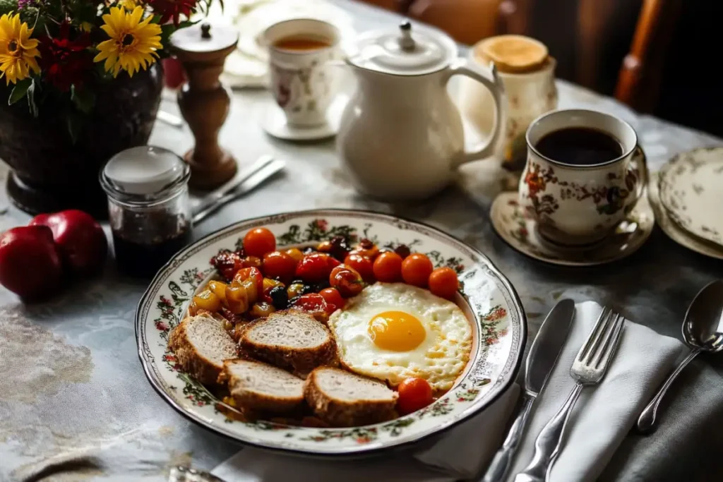 Full Irish breakfast with sausages, eggs, bacon, tomatoes, and soda bread