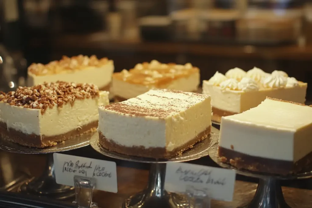 Three types of cheesecake displayed on a table.