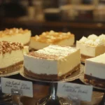 Three types of cheesecake displayed on a table.