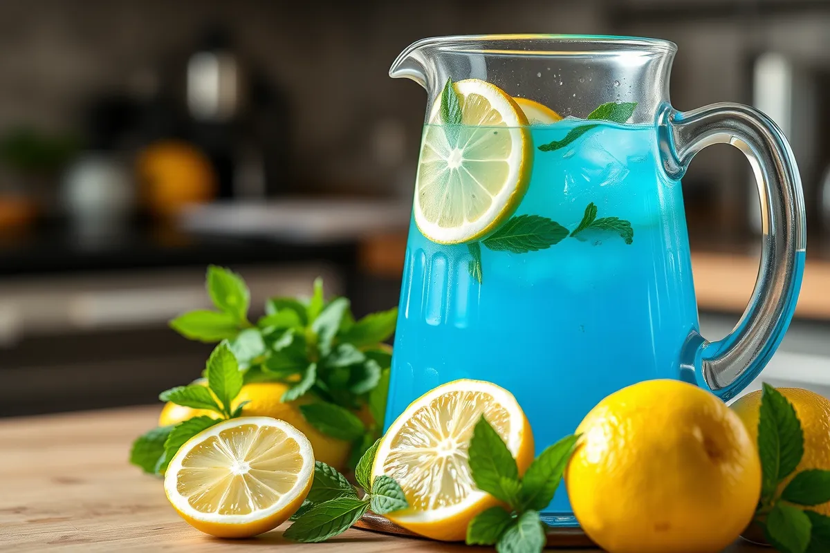 Bright blue lemonade in a clear glass pitcher surrounded by fresh lemons – How can I make my lemonade blue?