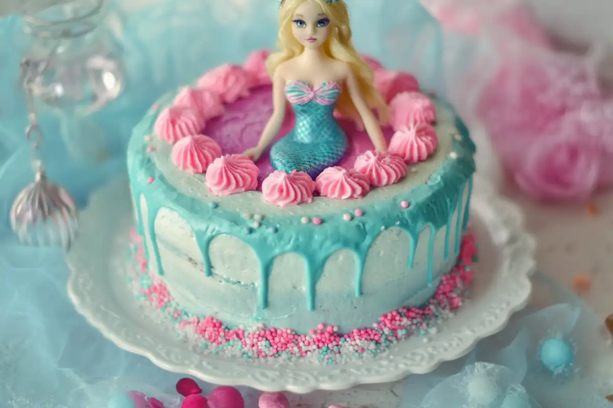 Delicious mermaid cake with vibrant colors and creamy frosting.