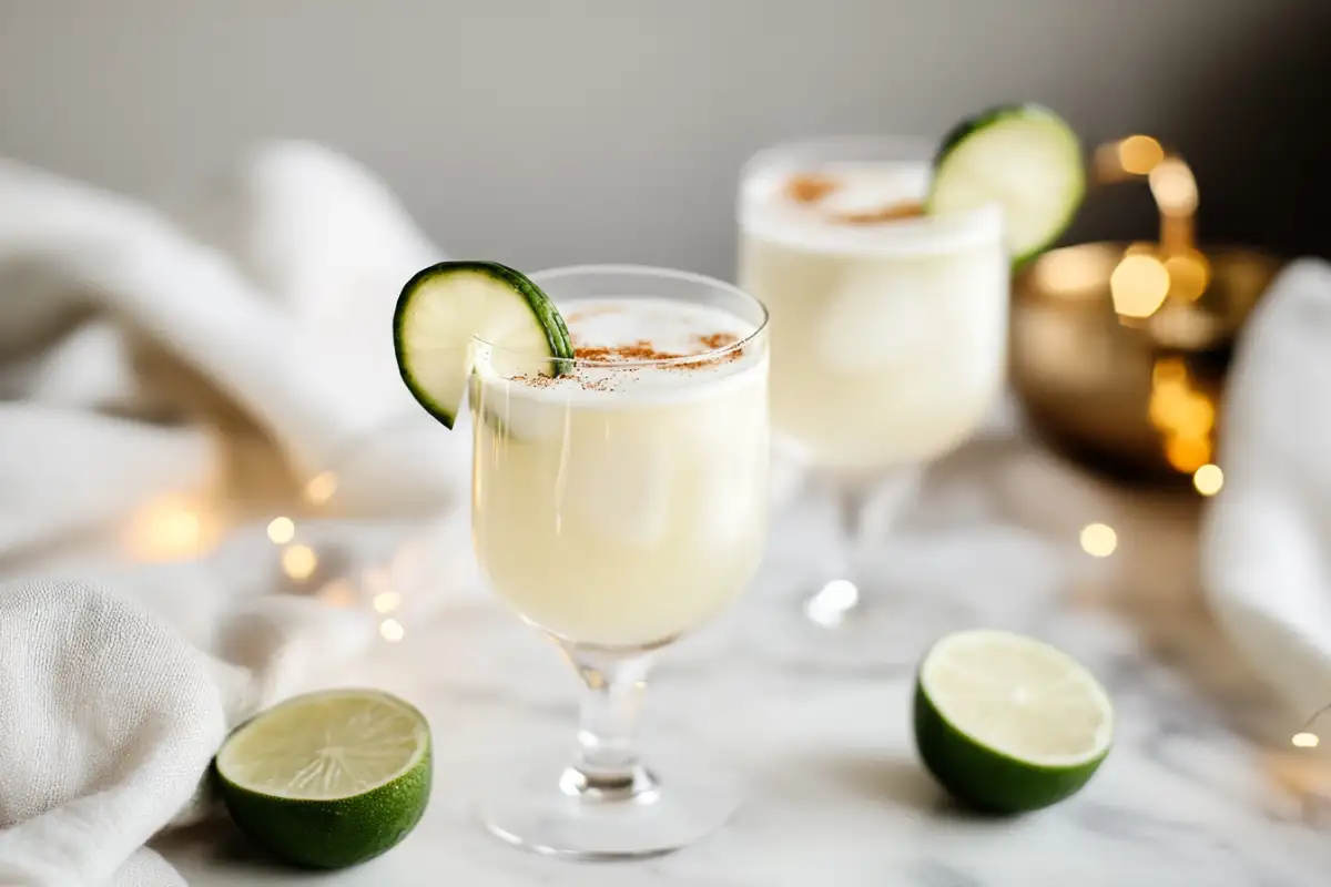 Crisp white linen cocktail garnished with cucumber