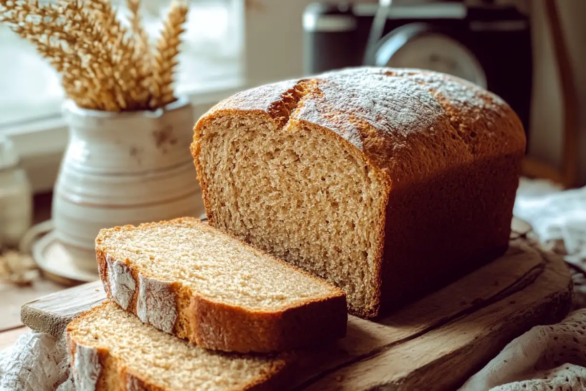 A close-up of wheatberry bread slices highlighting their dense whole grain texture